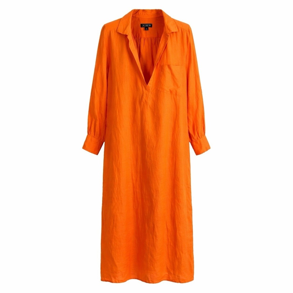 J Crew Bungalow Popover Maxi Linen Sz M Summer Dress Boho Resort Coastal Orange